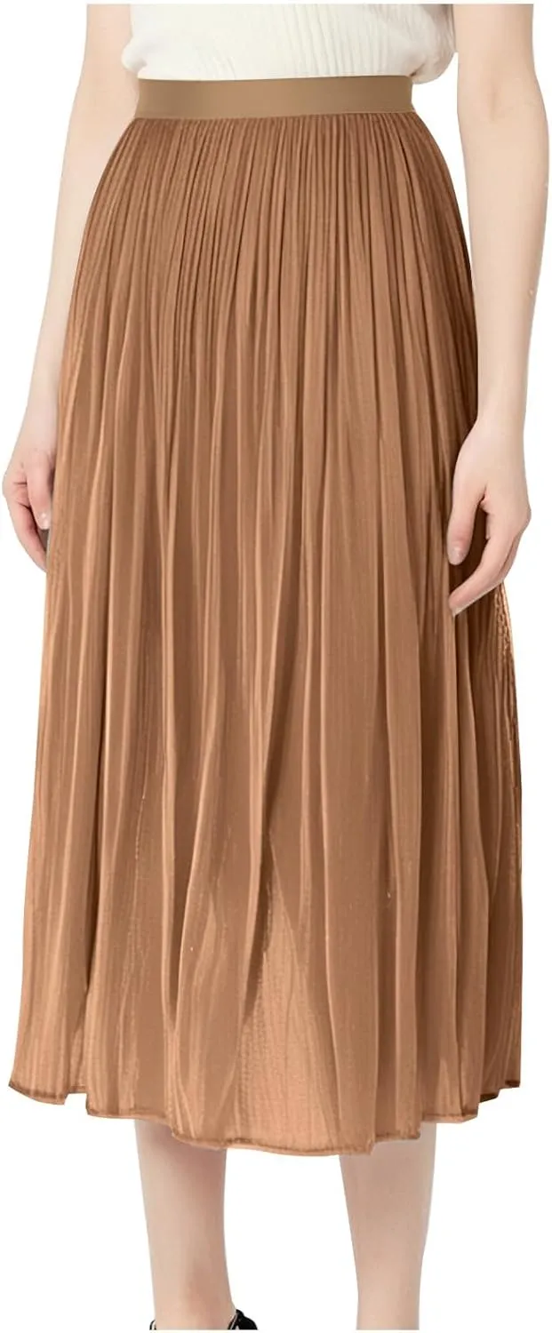 Fashion Tulle Skirts for Women Mesh Pleated Swing Midi Long Skirt Elastic High Waist Flowy Midi A-line Skirts