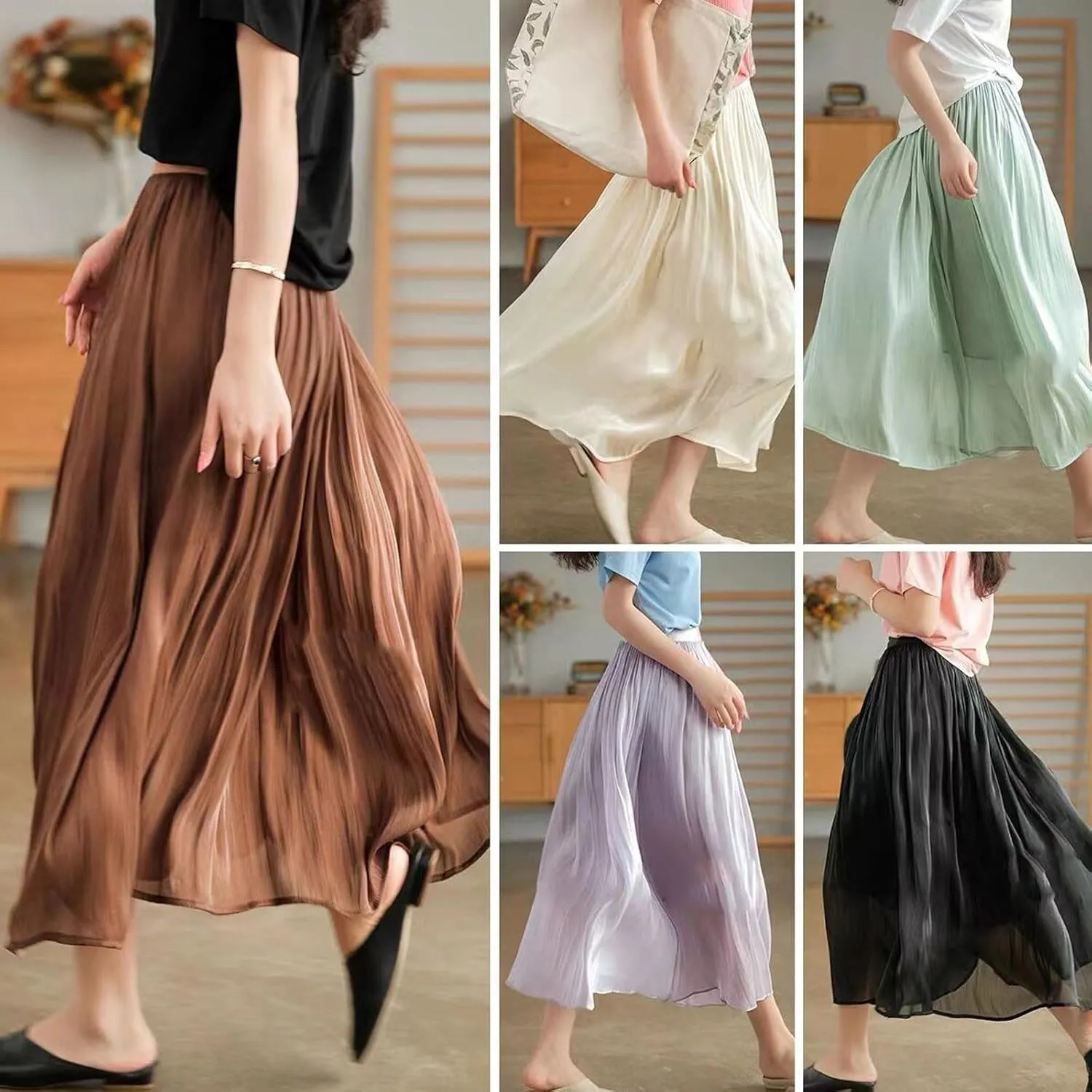 Fashion Tulle Skirts for Women Mesh Pleated Swing Midi Long Skirt Elastic High Waist Flowy Midi A-line Skirts