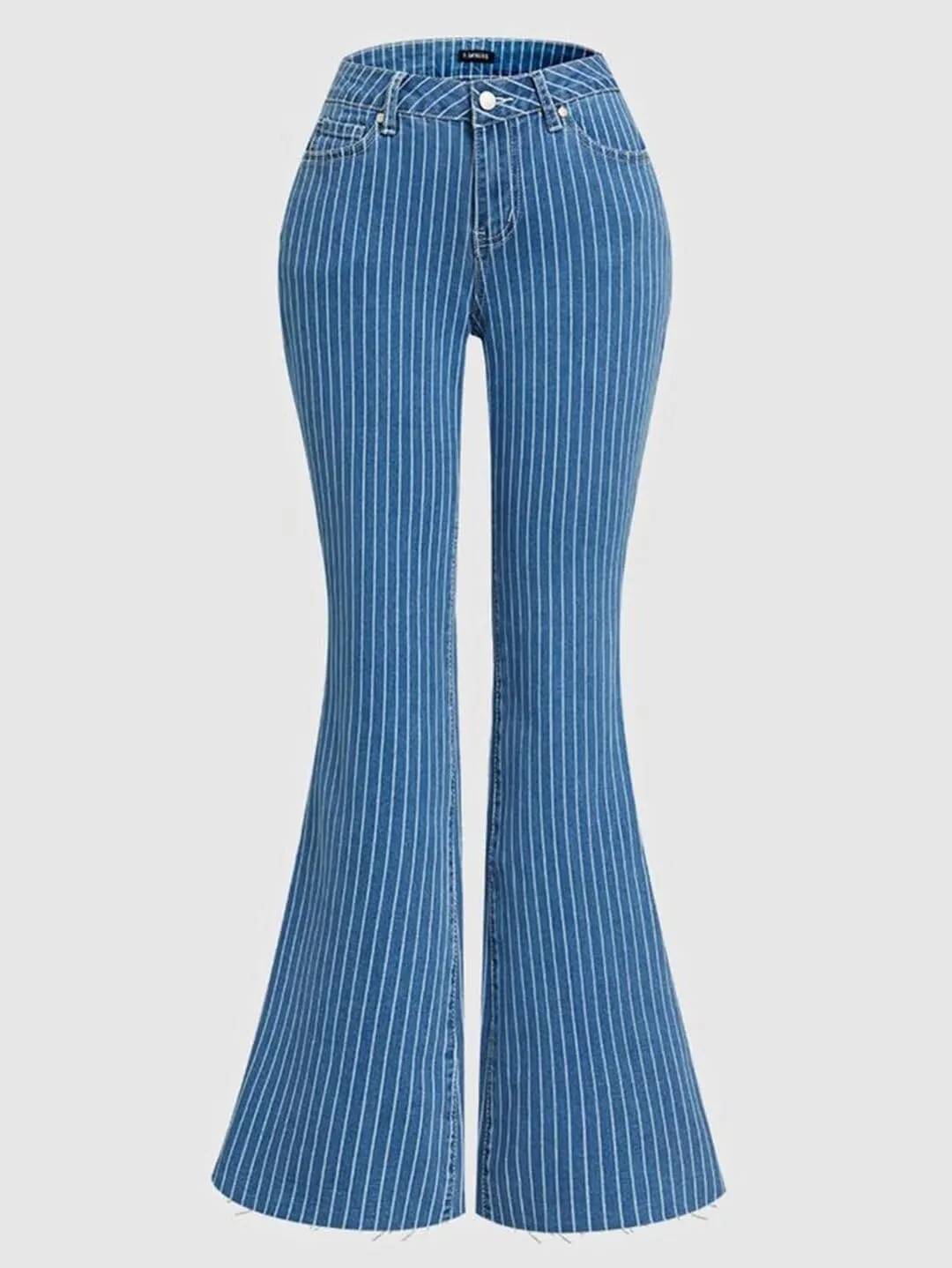 Flamingals Flared Jeans for Women Mid Waisted High Stretch Bootcut Jeans Vintage Raw Hem Striped Pattern Trendy Denim Jeans