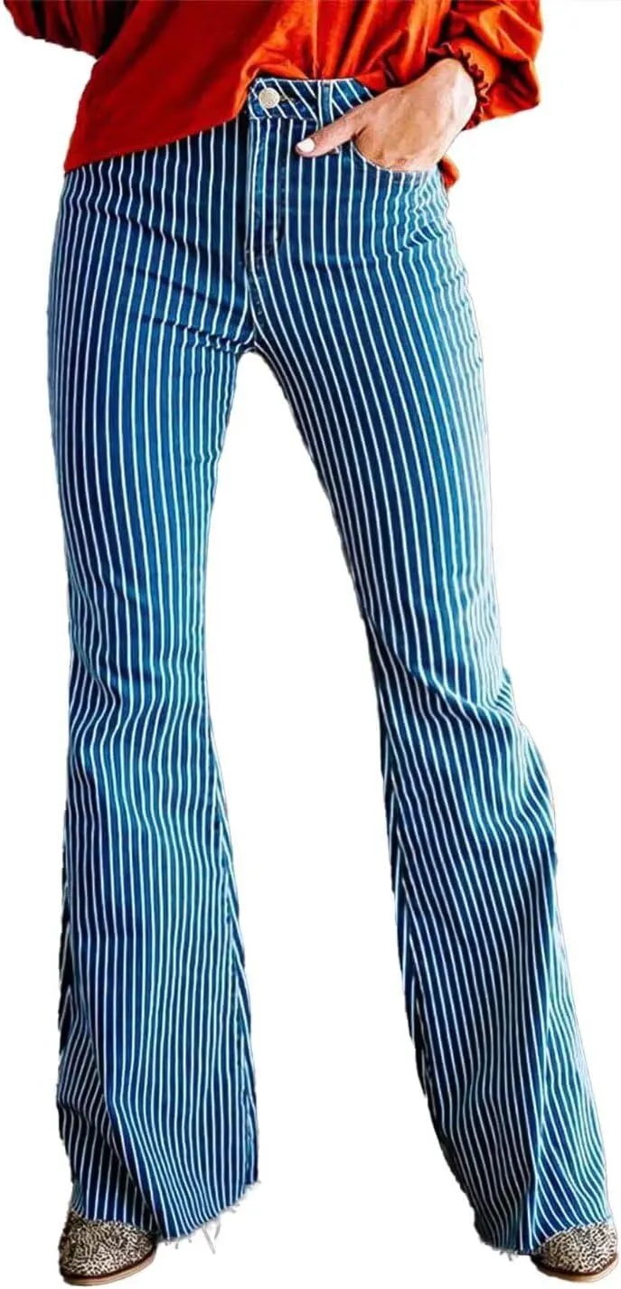 Flamingals Flared Jeans for Women Mid Waisted High Stretch Bootcut Jeans Vintage Raw Hem Striped Pattern Trendy Denim Jeans