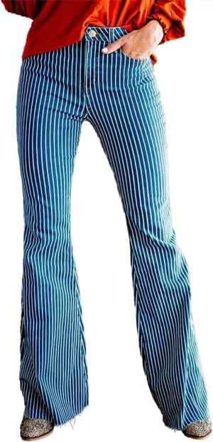 Flamingals Flared Jeans for Women Mid Waisted High Stretch Bootcut Jeans Vintage Raw Hem Striped Pattern Trendy Denim Jeans