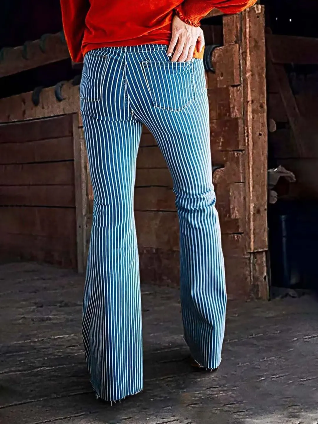 Flamingals Flared Jeans for Women Mid Waisted High Stretch Bootcut Jeans Vintage Raw Hem Striped Pattern Trendy Denim Jeans
