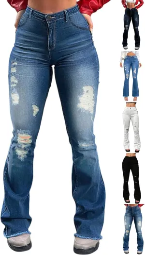 Flare Ripped Jeans Womens High Waisted Bell Bottom Distressed Jeans Skinny Bootcut Pants Denim Pants with Pockets