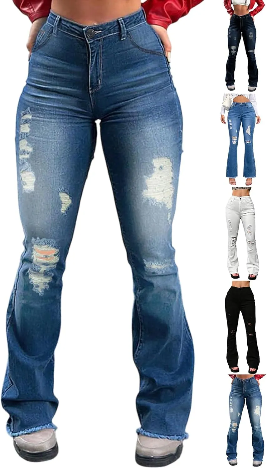 Flare Ripped Jeans Womens High Waisted Bell Bottom Distressed Jeans Skinny Bootcut Pants Denim Pants with Pockets