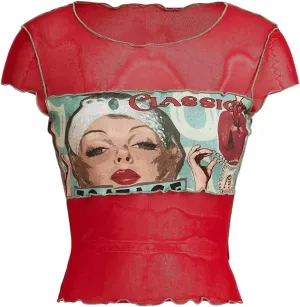 Floerns Women's 90s Vintage Short Sleeve T Shirts Sheer Mesh Crewneck Y2k Tee Tops