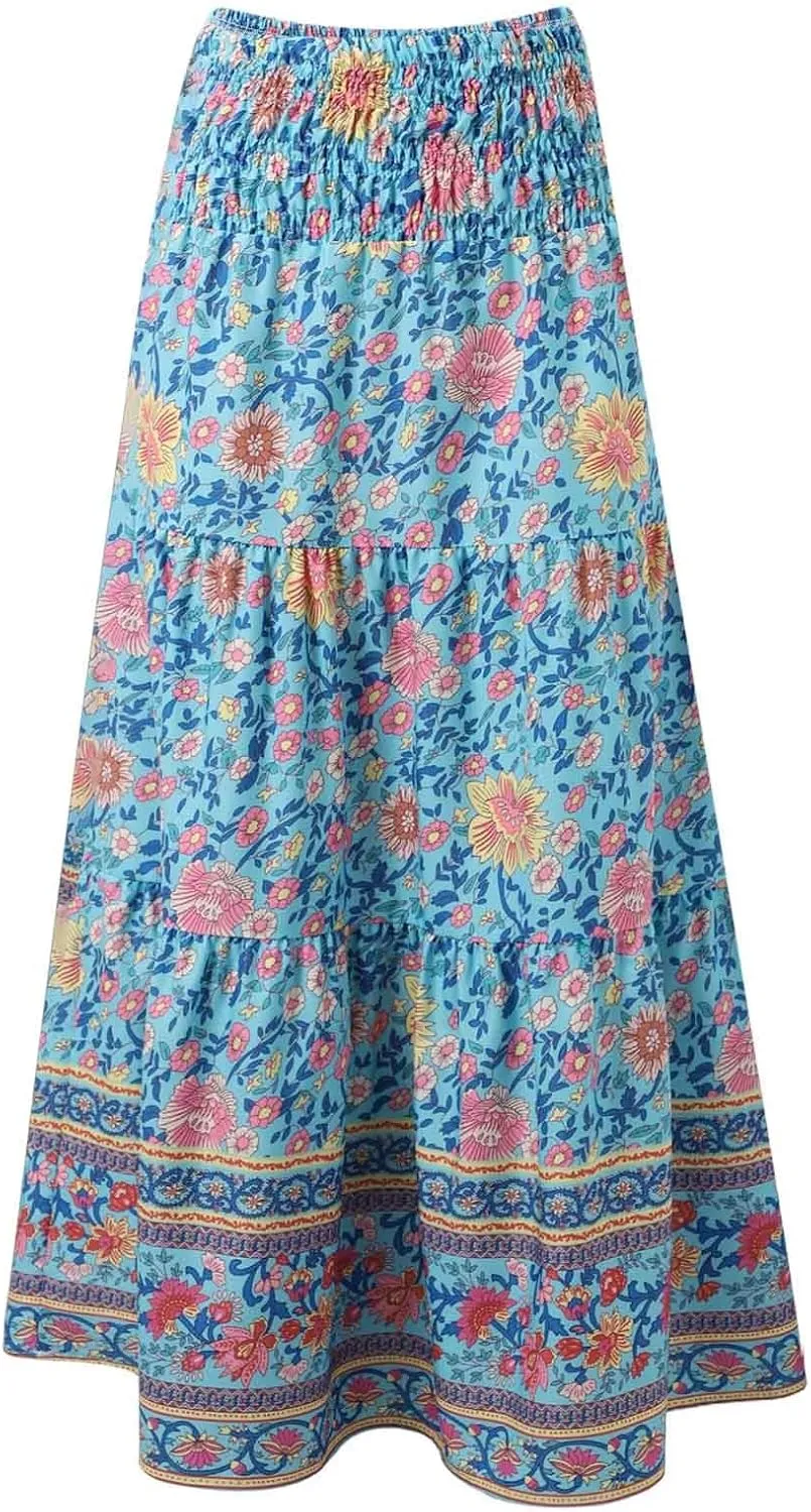 Floral Maxi Skirts for Women Summer Elastic High Waisted Flowy Swing A-Line Boho Beach Skirt