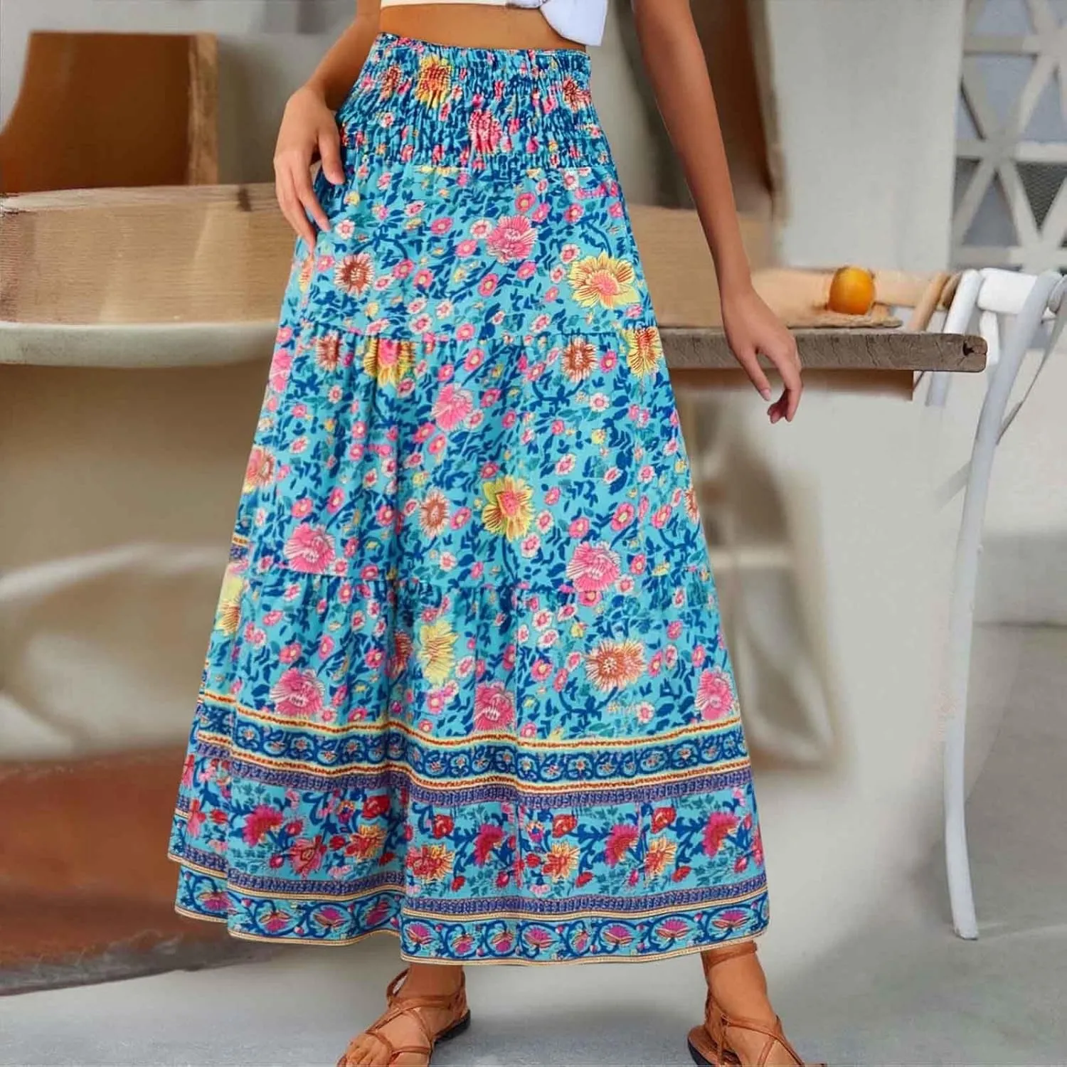 Floral Maxi Skirts for Women Summer Elastic High Waisted Flowy Swing A-Line Boho Beach Skirt
