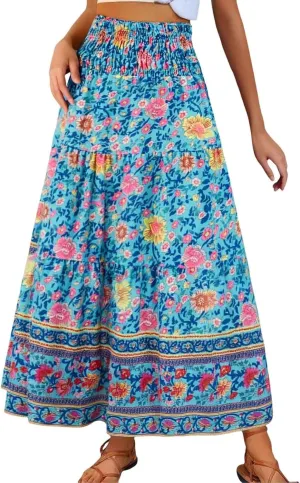 Floral Maxi Skirts for Women Summer Elastic High Waisted Flowy Swing A-Line Boho Beach Skirt
