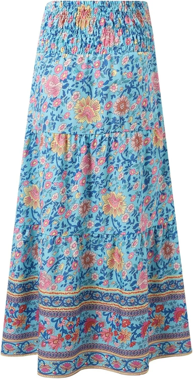 Floral Maxi Skirts for Women Summer Elastic High Waisted Flowy Swing A-Line Boho Beach Skirt