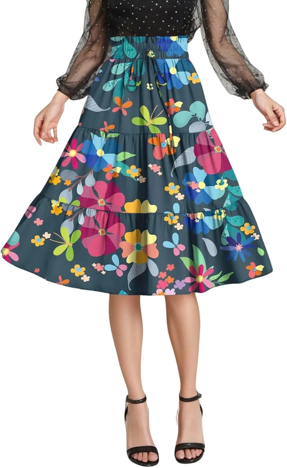 Floral Midi Skirts for Women Summer Comfy Tiered Elastic High Waisted Skirts Vacation A Line Flowy Swing Maxi Skirt