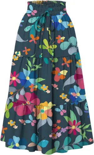Floral Midi Skirts for Women Summer Comfy Tiered Elastic High Waisted Skirts Vacation A Line Flowy Swing Maxi Skirt