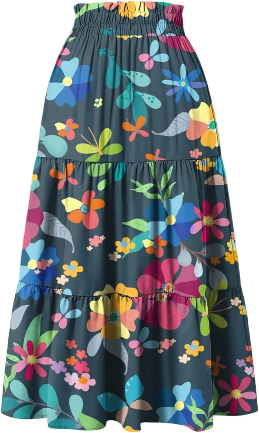 Floral Midi Skirts for Women Summer Comfy Tiered Elastic High Waisted Skirts Vacation A Line Flowy Swing Maxi Skirt