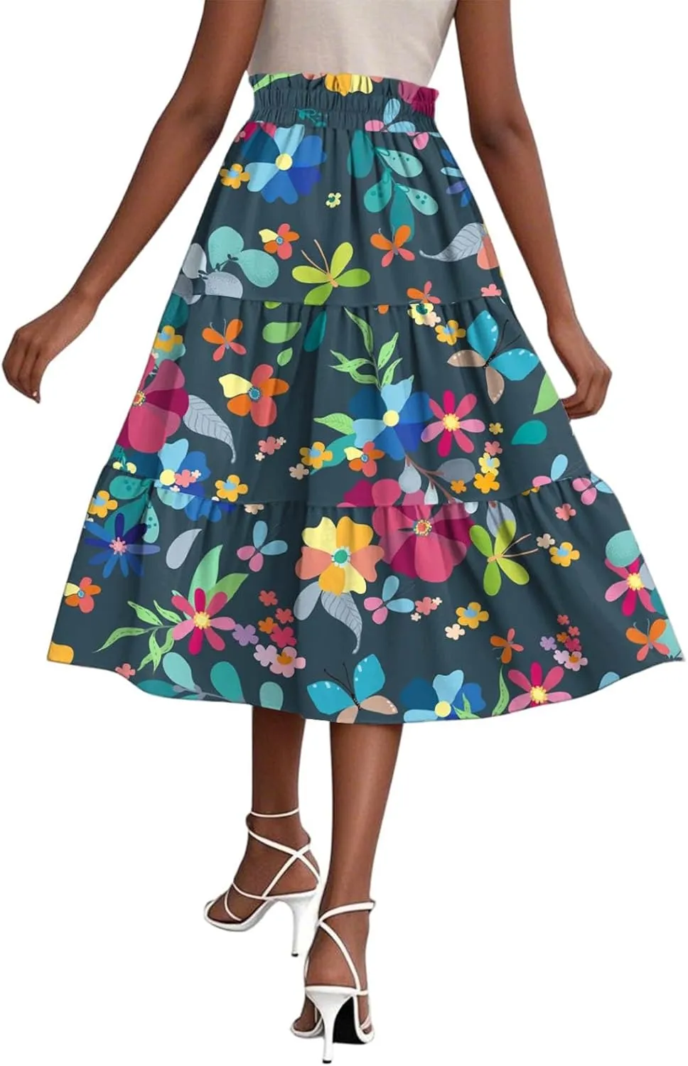 Floral Midi Skirts for Women Summer Comfy Tiered Elastic High Waisted Skirts Vacation A Line Flowy Swing Maxi Skirt