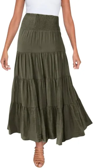 Flowy Maxi Skirt for Women Elastic High Waist Boho Pleated Long Skirts Summer Beach Tiered A-Line Skirts 2025 Trendy