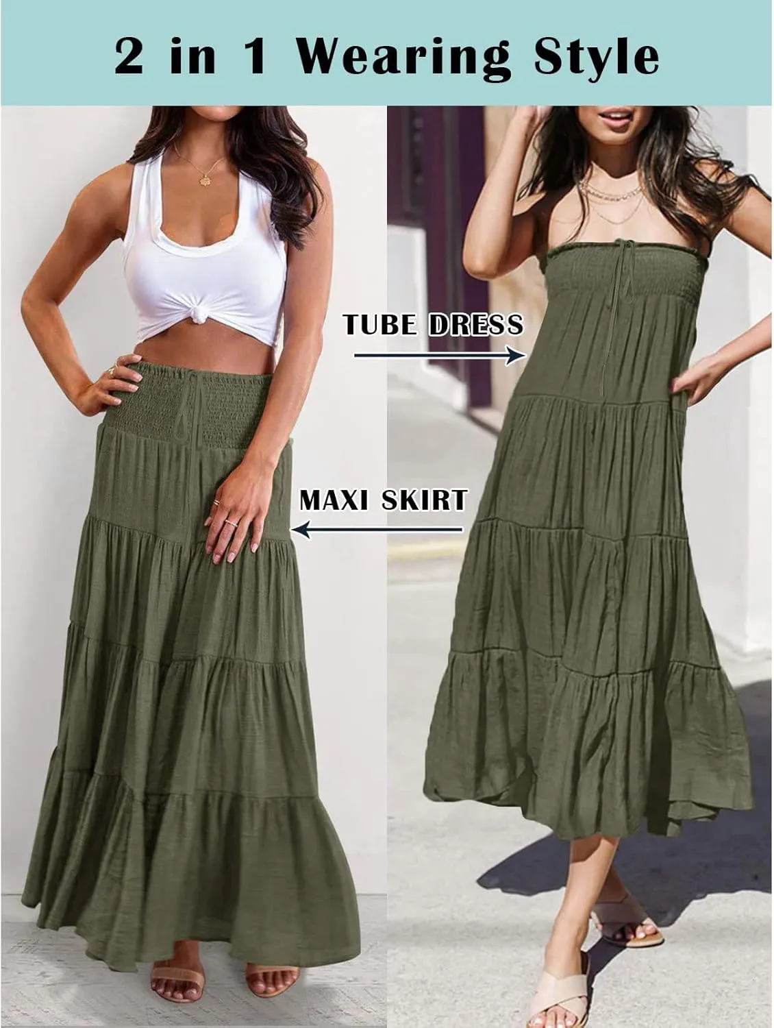 Flowy Maxi Skirt for Women Elastic High Waist Boho Pleated Long Skirts Summer Beach Tiered A-Line Skirts 2025 Trendy