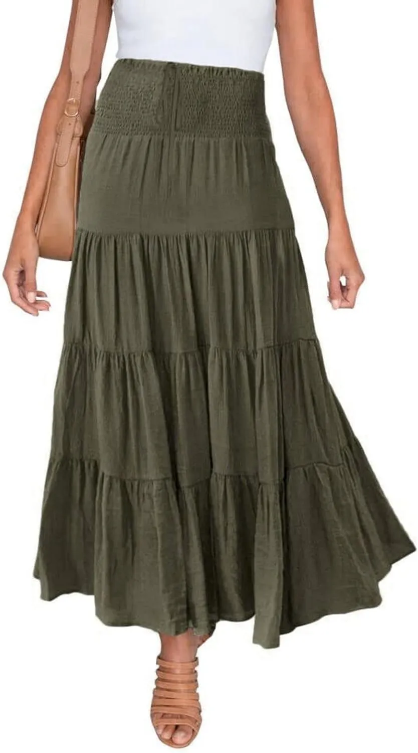 Flowy Maxi Skirt for Women Elastic High Waist Boho Pleated Long Skirts Summer Beach Tiered A-Line Skirts 2025 Trendy