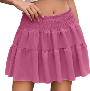 Flowy Mini Skirts for Women Summer Trendy Layered Elastic Low Waisted Tiered Pleated Swing Short A Line Skirt