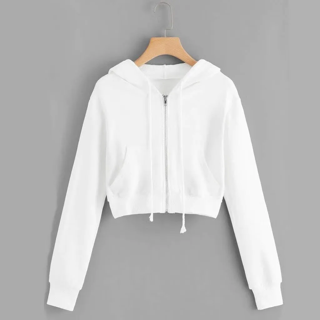 FMCHICO Womens Cropped Zip Up Hoodies Fleece Sweatshirts Zipper Jackets Hooded Pullover Sweaters