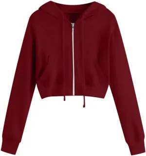 FMCHICO Womens Cropped Zip Up Hoodies Fleece Sweatshirts Zipper Jackets Hooded Pullover Sweaters