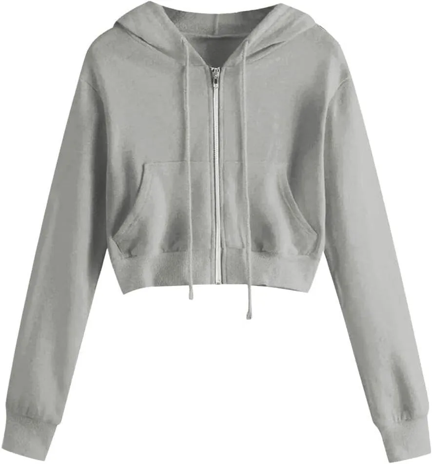 FMCHICO Womens Cropped Zip Up Hoodies Fleece Sweatshirts Zipper Jackets Hooded Pullover Sweaters