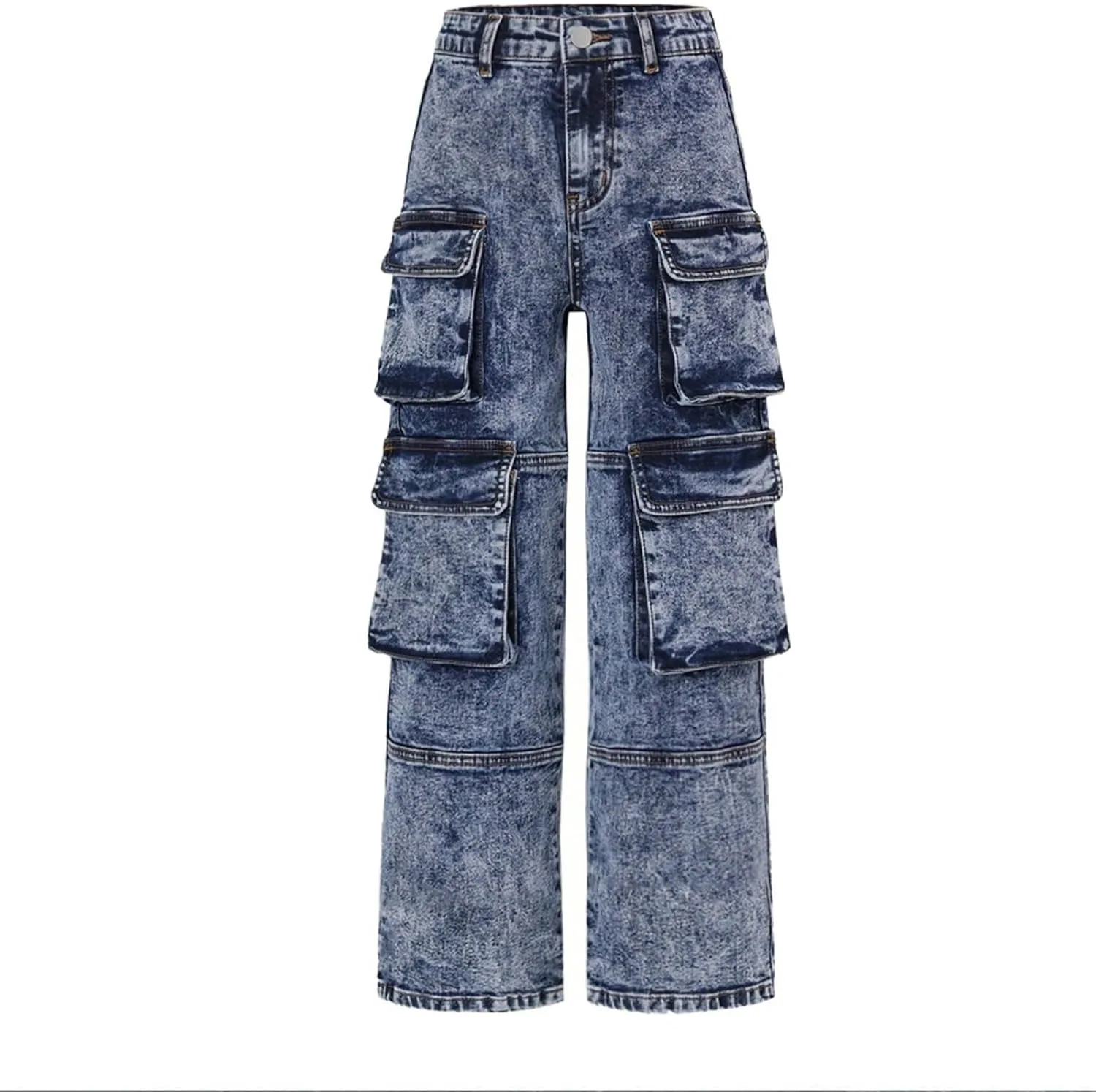 FZVYD Girls Baggy Jeans Streetwear Denim Cargo Pants Distressed Elastic High Waist Wide Leg Trousers Multi Pocket 5-16T