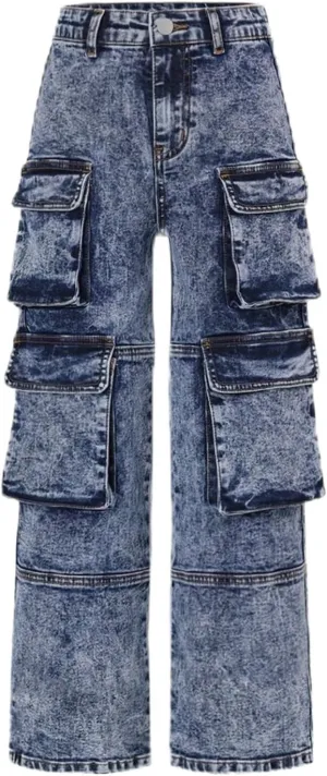 FZVYD Girls Baggy Jeans Streetwear Denim Cargo Pants Distressed Elastic High Waist Wide Leg Trousers Multi Pocket 5-16T