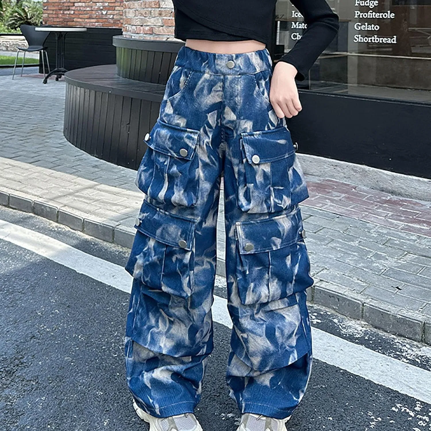 Girls Baggy Jeans Trendy Y2K Streetwear Camouflage Denim Cargo Pants Elastic High Waist Wide Leg Clothes Multi Pocket