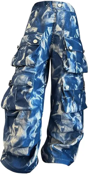 Girls Baggy Jeans Trendy Y2K Streetwear Camouflage Denim Cargo Pants Elastic High Waist Wide Leg Clothes Multi Pocket