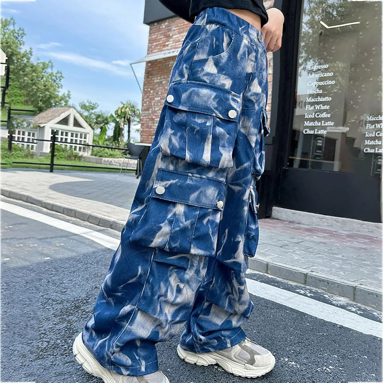 Girls Baggy Jeans Trendy Y2K Streetwear Camouflage Denim Cargo Pants Elastic High Waist Wide Leg Clothes Multi Pocket