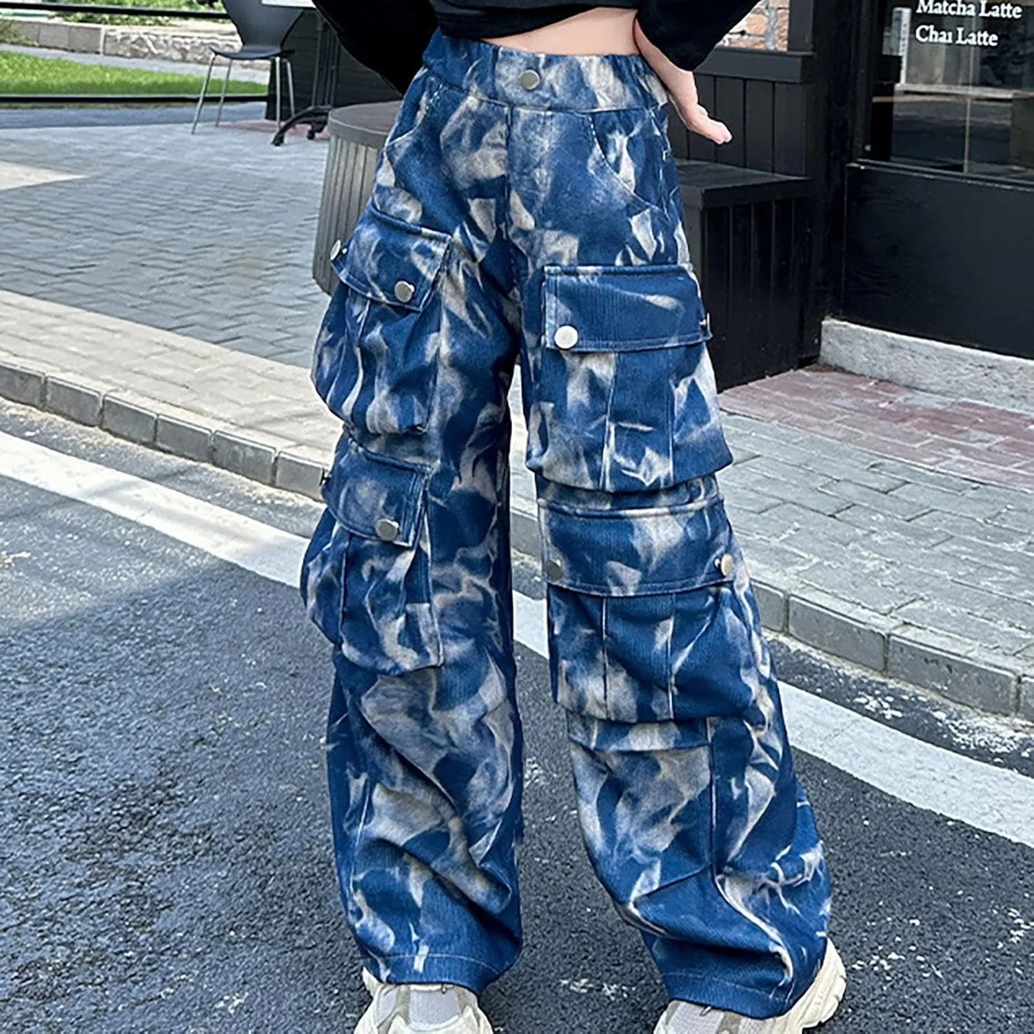Girls Baggy Jeans Trendy Y2K Streetwear Camouflage Denim Cargo Pants Elastic High Waist Wide Leg Clothes Multi Pocket