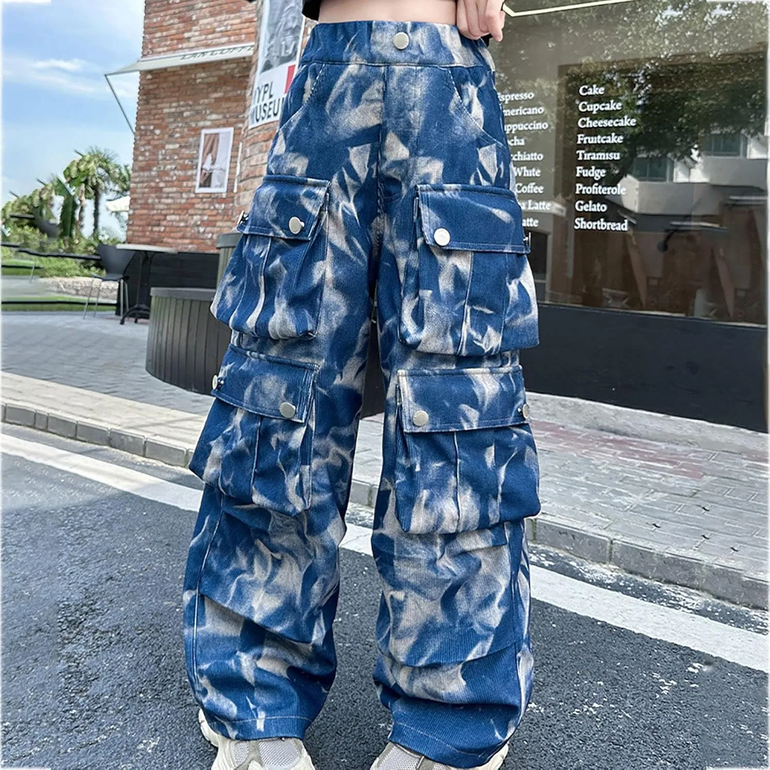 Girls Baggy Jeans Trendy Y2K Streetwear Camouflage Denim Cargo Pants Elastic High Waist Wide Leg Clothes Multi Pocket