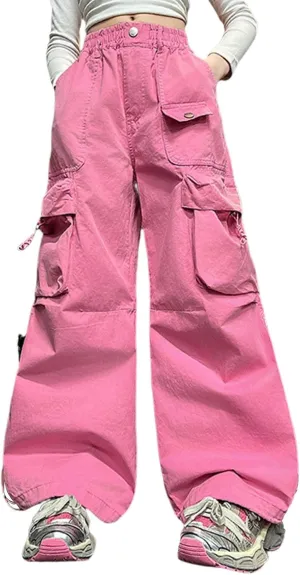 Girl's Jeans Cargo Pants Loose Wide Leg Denim Baggy Jogger Elastic Waist Trousers Trendy Kids Clothes with Pockets