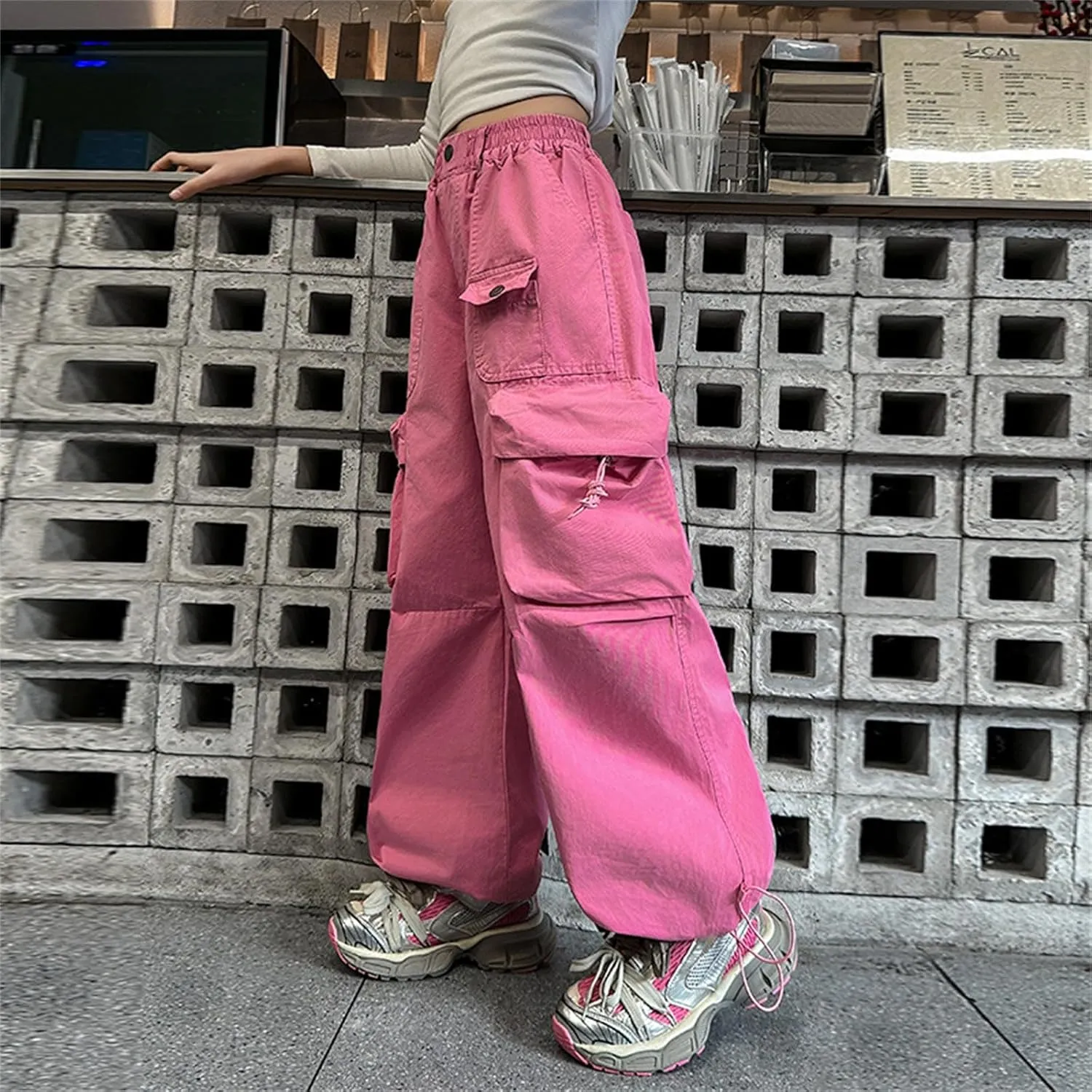 Girl's Jeans Cargo Pants Loose Wide Leg Denim Baggy Jogger Elastic Waist Trousers Trendy Kids Clothes with Pockets