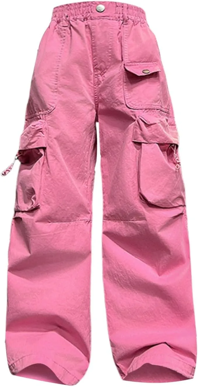 Girl's Jeans Cargo Pants Loose Wide Leg Denim Baggy Jogger Elastic Waist Trousers Trendy Kids Clothes with Pockets
