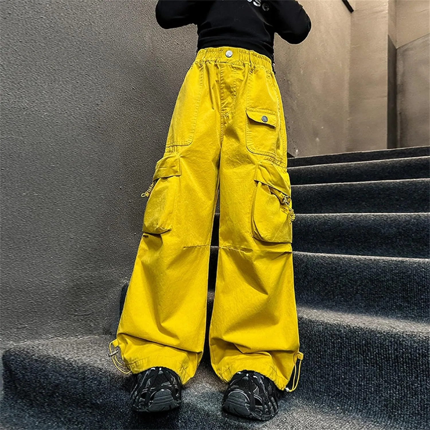 Girl's Jeans Cargo Pants Loose Wide Leg Denim Baggy Jogger Elastic Waist Trousers Trendy Kids Clothes with Pockets