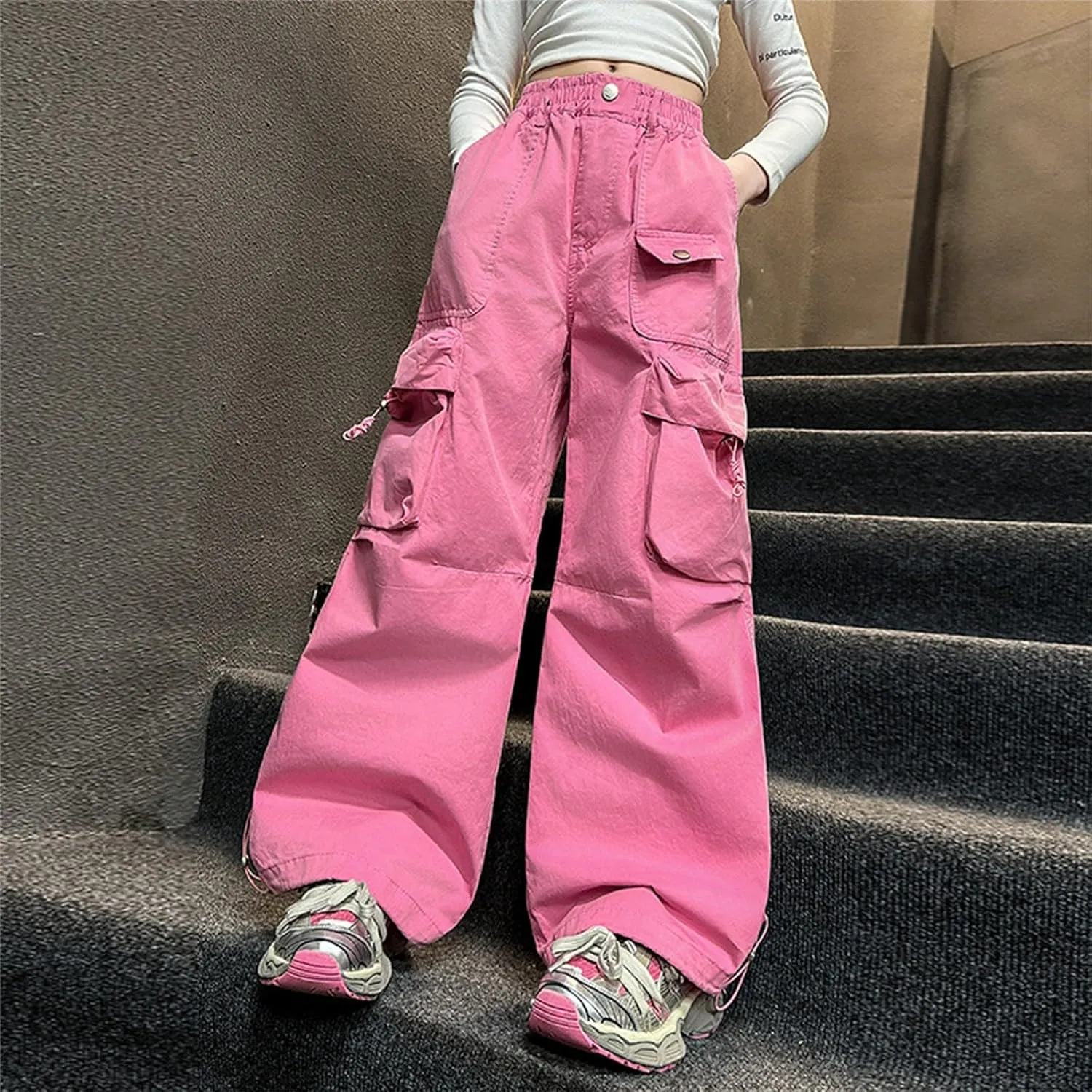 Girl's Jeans Cargo Pants Loose Wide Leg Denim Baggy Jogger Elastic Waist Trousers Trendy Kids Clothes with Pockets