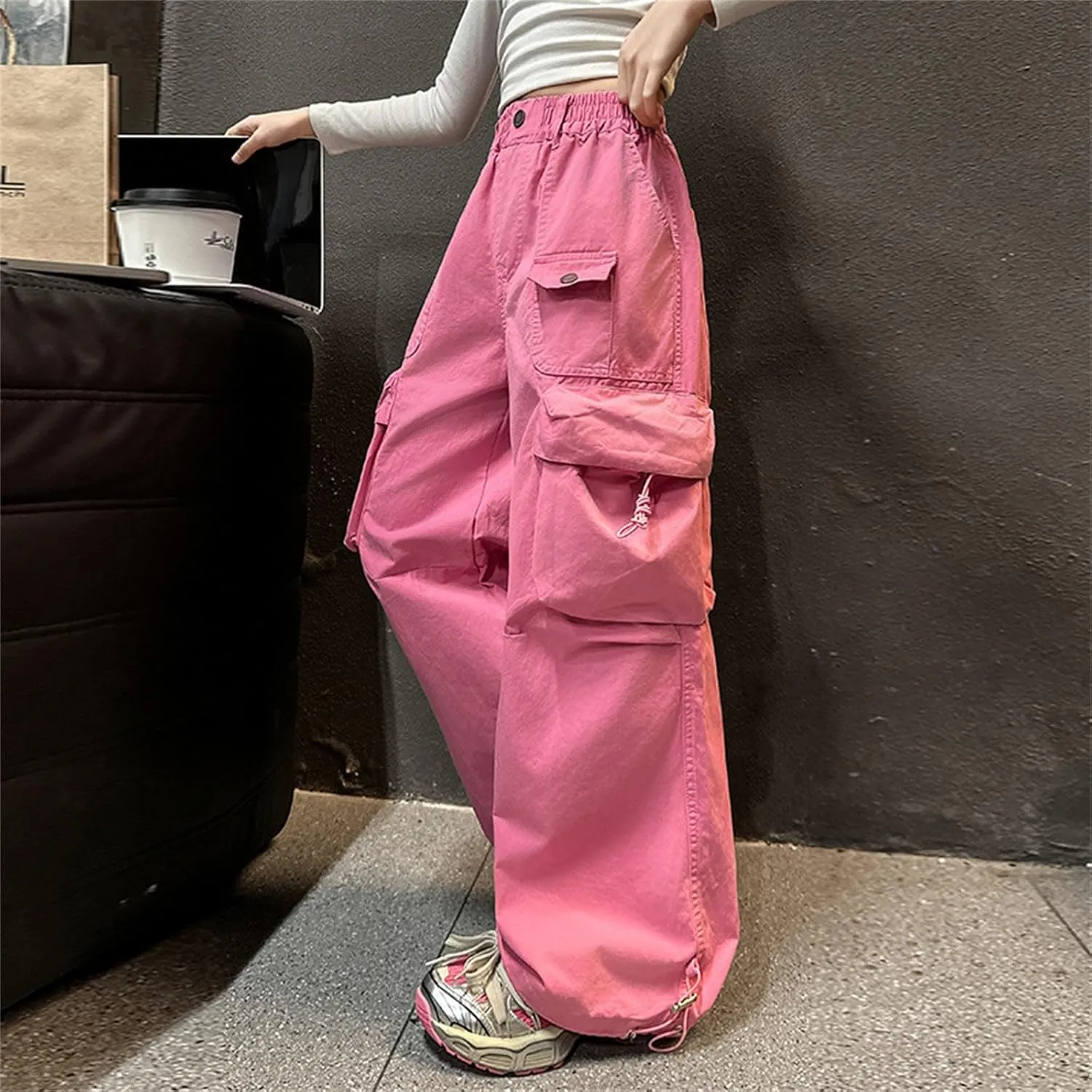 Girl's Jeans Cargo Pants Loose Wide Leg Denim Baggy Jogger Elastic Waist Trousers Trendy Kids Clothes with Pockets