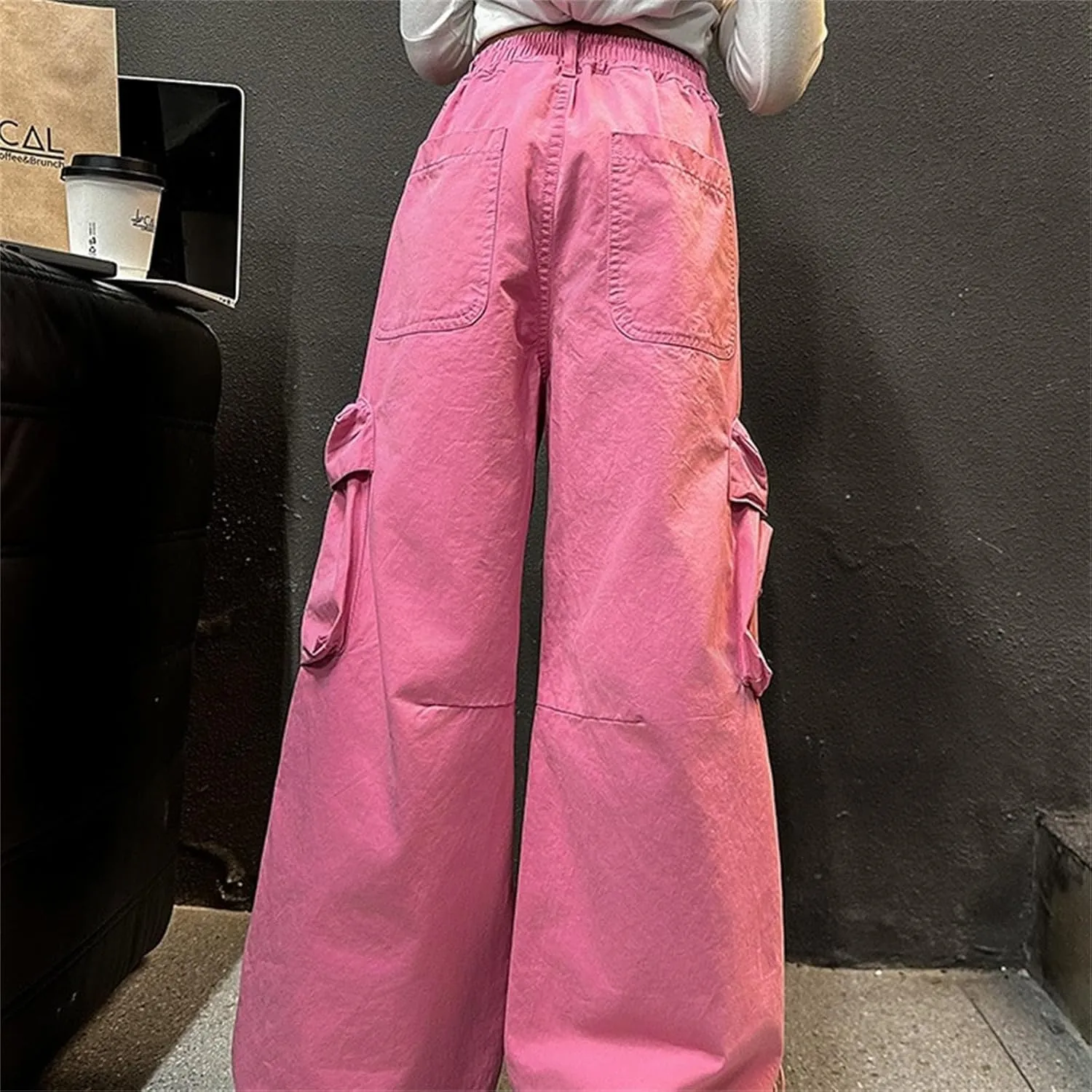 Girl's Jeans Cargo Pants Loose Wide Leg Denim Baggy Jogger Elastic Waist Trousers Trendy Kids Clothes with Pockets