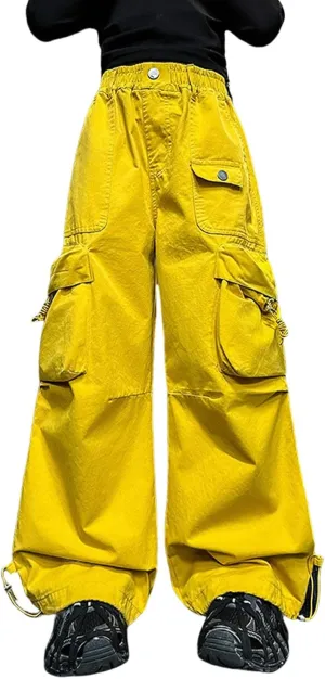 Girl's Jeans Cargo Pants Loose Wide Leg Denim Baggy Jogger Elastic Waist Trousers Trendy Kids Clothes with Pockets