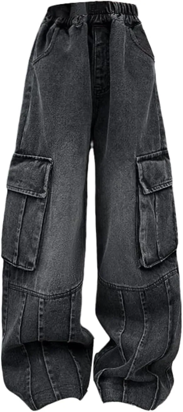 Girls Toddler Work Jeans Kids Straight Wide Leg Cargo Denim Pants with Big Pockets Loose Fit Baggy Casual