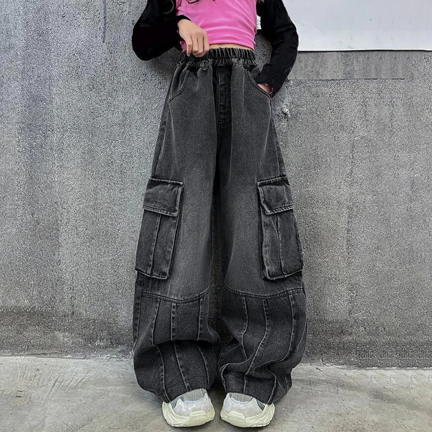 Girls Toddler Work Jeans Kids Straight Wide Leg Cargo Denim Pants with Big Pockets Loose Fit Baggy Casual