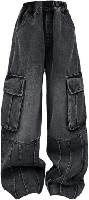 Girls Toddler Work Jeans Kids Straight Wide Leg Cargo Denim Pants with Big Pockets Loose Fit Baggy Casual
