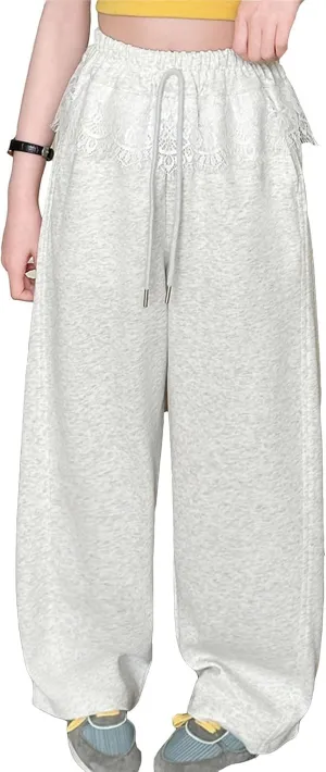 Girl's Wide Leg Sweatpants Lounge Jogger Pants Loose Drawstring Elastic Lace Waist Baggy Yoga Trousers with Pockets