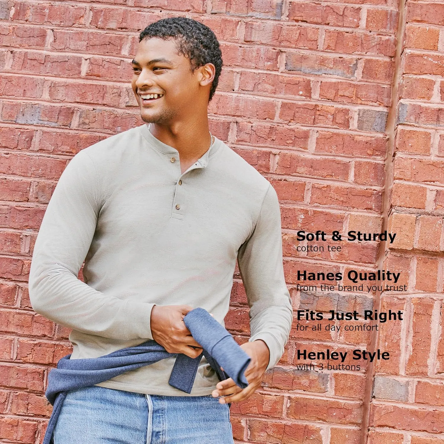 Hanes T Beefyt Henley, Men's Cotton Long Sleeve Shirts