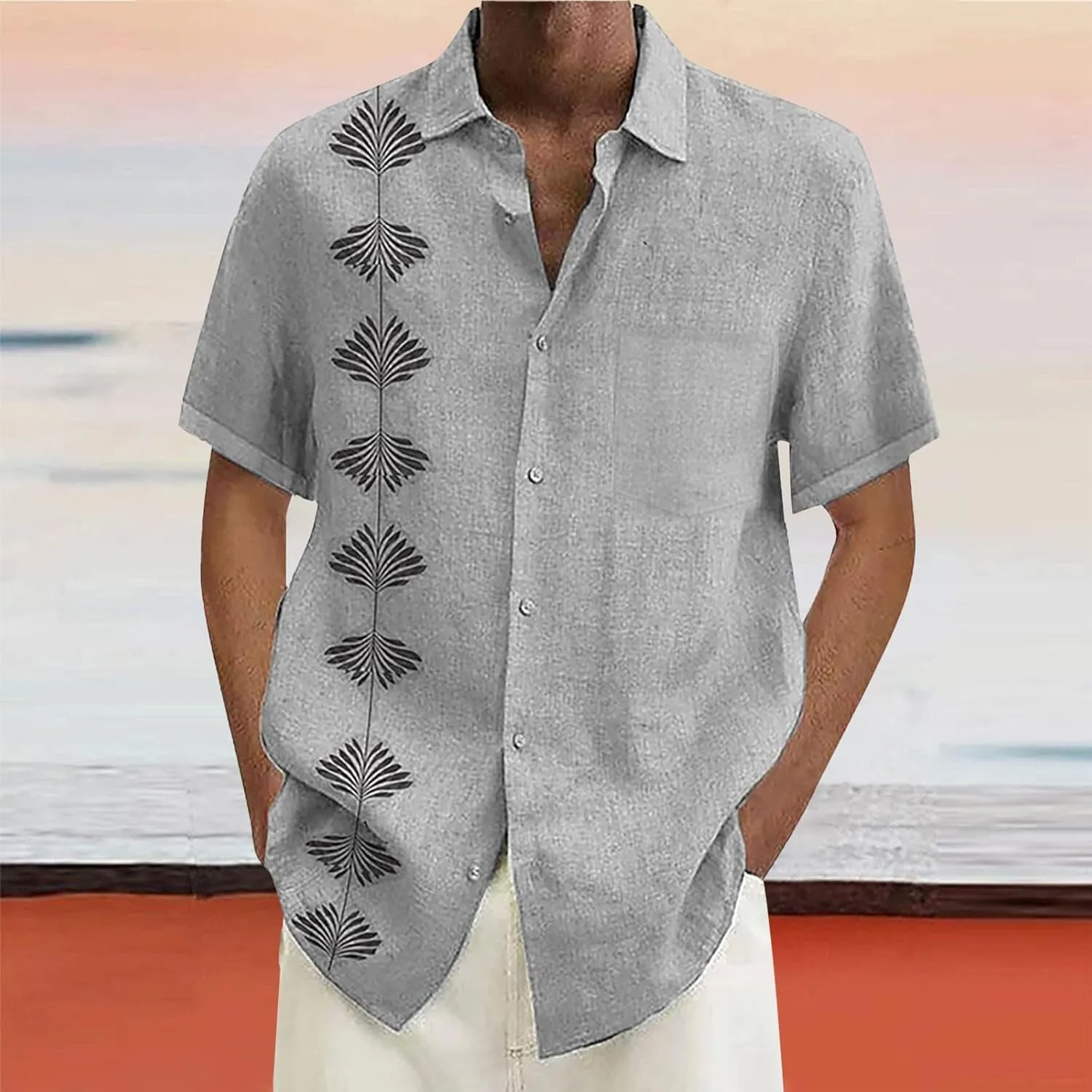 Hawaiian Shirts for Men Summer Beach Loose Fit Casual Short Sleeve Linen Tshirts Lightweight Button Down Hippie Tops