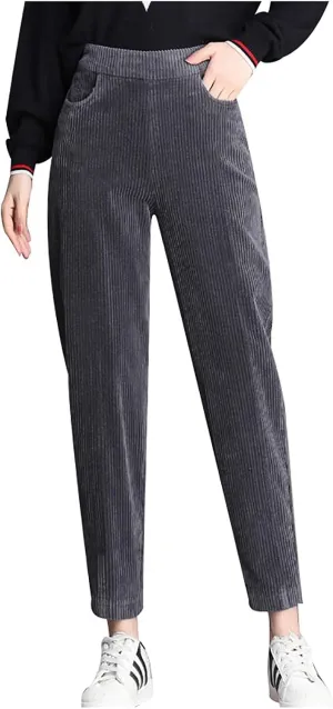High Waist Corduroy Pants for Women Casual Drawstring Elastic Straight Leg Slacks Loose Comfy Trousers with Pockets