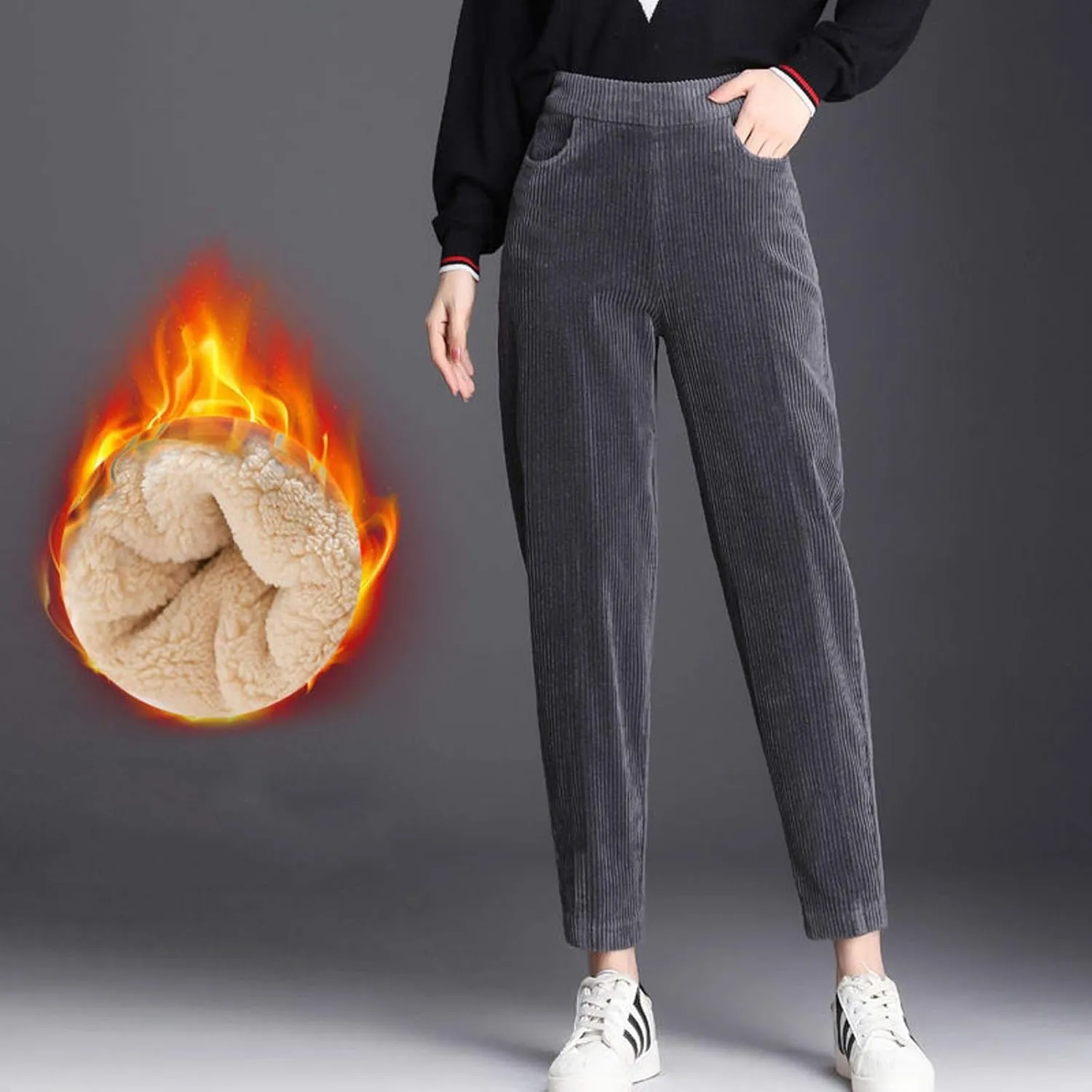 High Waist Corduroy Pants for Women Casual Drawstring Elastic Straight Leg Slacks Loose Comfy Trousers with Pockets