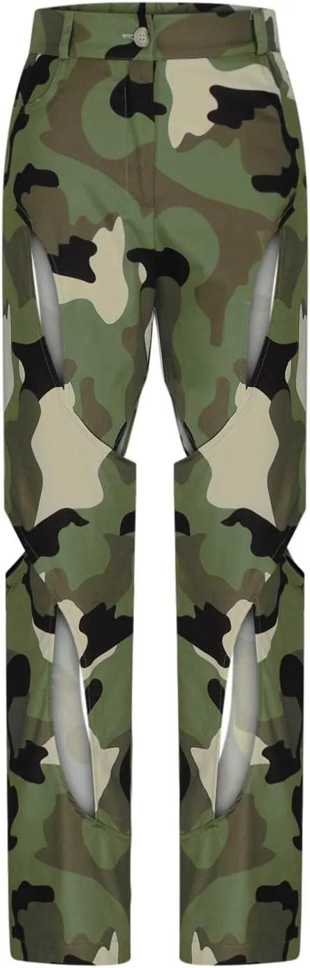 High Waisted Camo Pants for Women Cut Out Straight Wide Leg Cargo Pants Casual Loose Fit Novelty Trousers