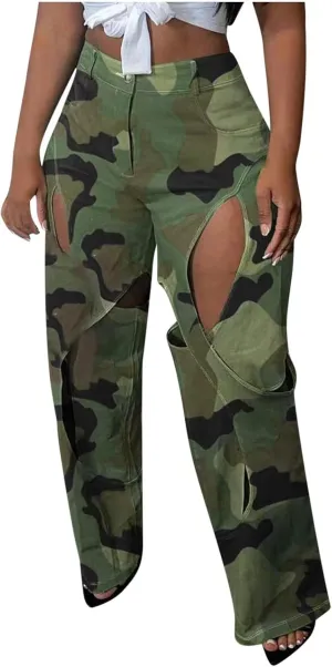 High Waisted Camo Pants for Women Cut Out Straight Wide Leg Cargo Pants Casual Loose Fit Novelty Trousers