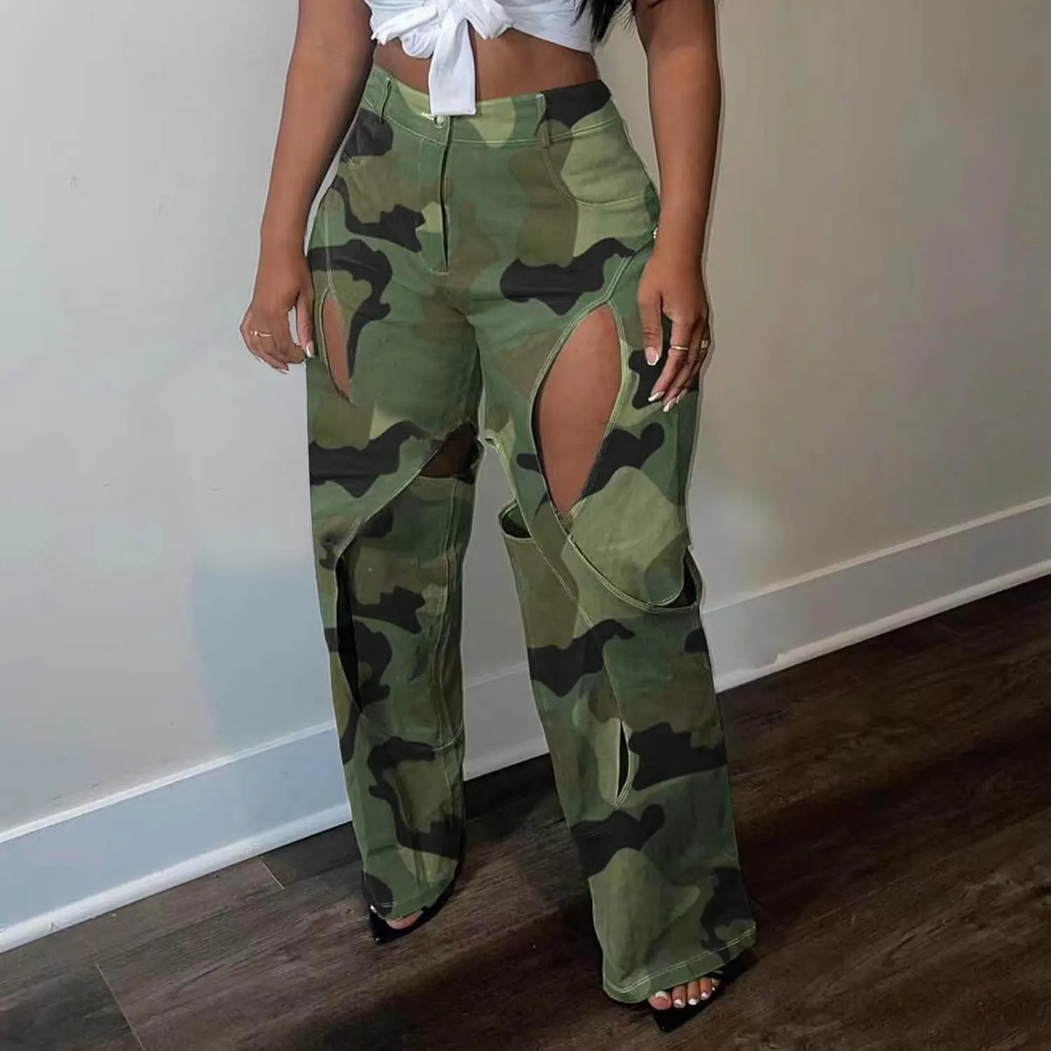 High Waisted Camo Pants for Women Cut Out Straight Wide Leg Cargo Pants Casual Loose Fit Novelty Trousers